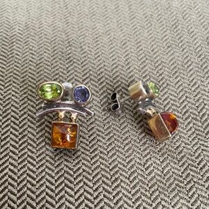 Sterling Silver, Amber, Peridot, Tanzanite Earrings